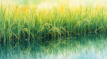Fototapeta premium Green rice plants growing in flooded paddy field with watercolor wash background natural agriculture concept