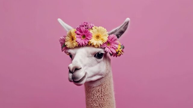 Llama with floral crown on pink background. Easter, Pascha, Paskha, Ostern, Pascua, Paques - Orthodox and Catholic Holiday celebration