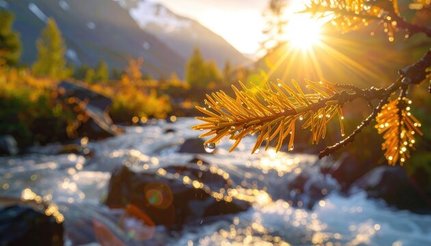 A close-up of a pine branch with water droplets catches the golden sunlight over a flowing stream in the mountains.