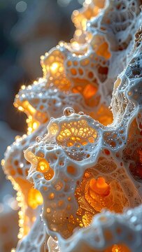 Close-up of abstract, bubbly, organic texture with glowing orange light filtering through.