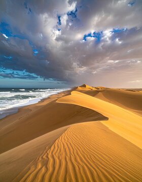 Golden sand dunes meet the ocean under a dramatic sky.