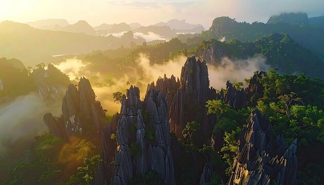Dramatic karst pinnacles rise from mist-filled valleys at sunrise.