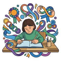 Fototapeta premium Young caucasian girl with short hair sitting at desk and writing with pencil in notebook against abstract background with ribbons and award badge primary school education concept