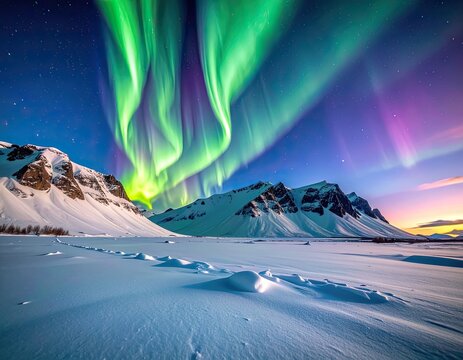 Spectacular Aurora Borealis illuminates a snow-covered mountain landscape under a starry sky.