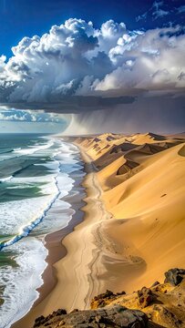 Dramatic weather and sand dunes meet the ocean along a remote coastline.