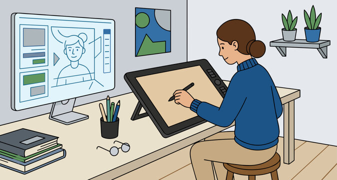 Young female digital illustrator sitting on stool and using stylus to draw character sketch on graphics tablet connected to big computer screen creative design process concept