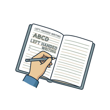 Close up of left hand holding grey pencil and writing capital letters abcd in lined paper notebook on clean white background