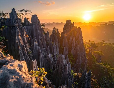 Jagged limestone karsts at sunrise, bathed in golden light.