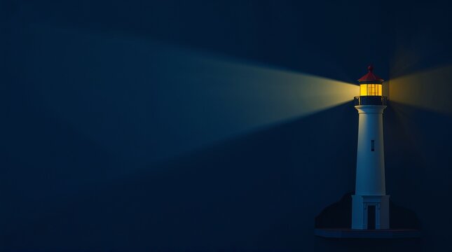 Lighthouse beam cutting through dark blue night sky guidance concept