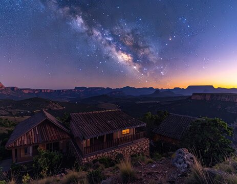 Picturesque cottages nestled under the Milky Way galaxy in a mountainous landscape.