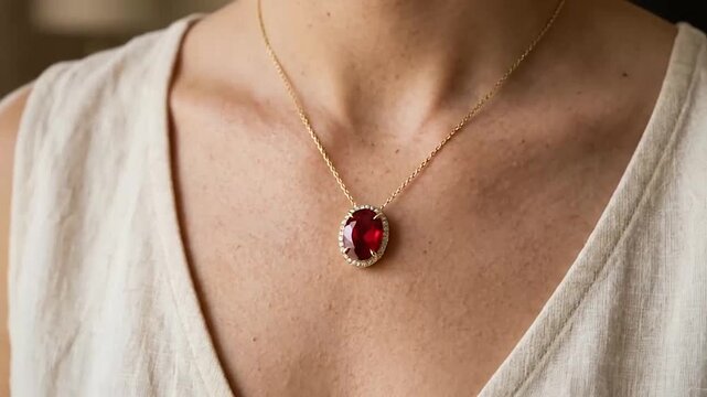 Close-up series showcasing elegant jewelry necklaces with ruby pendants on a woman's neck in warm indoor lighting