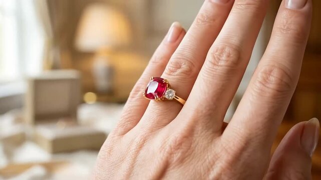 Close-up of a person's hand showcasing a stunning ruby and diamond engagement ring captured with elegant warm indoor lighting