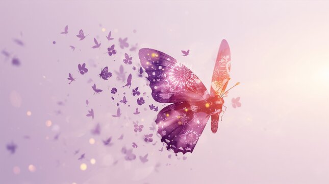 Purple butterfly dispersing into smaller butterflies transformation concept