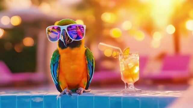 Colorful parrot with sunglasses enjoys tropical poolside sunset