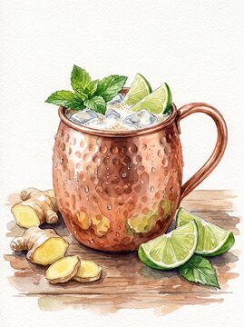 A watercolor illustration of a Moscow Mule cocktail in a rustic, shiny copper mug filled with ice cubes and ginger beer, garnished with a mint sprig, with scattered ginger root slices and fresh lime w