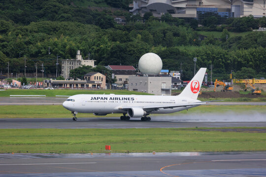 A Japan Airlines (JAL) Boeing 767 taxiing at Fukuoka Airport on July 19, 2025 in Fukuoka, Japan.