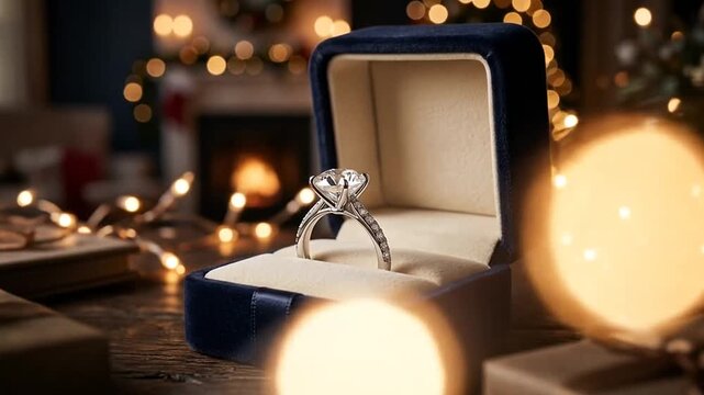 Elegant Engagement Ring Presented in Luxurious Velvet Box with Festive Background