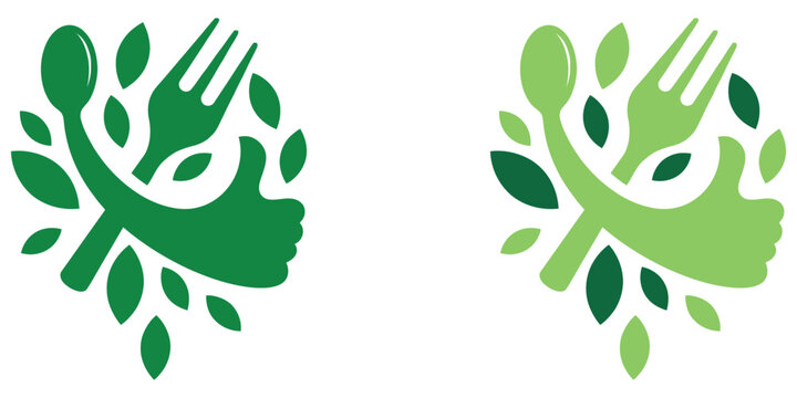 Healthy food logo design with spoon fork and leaves icon for organic restaurant branding vector.