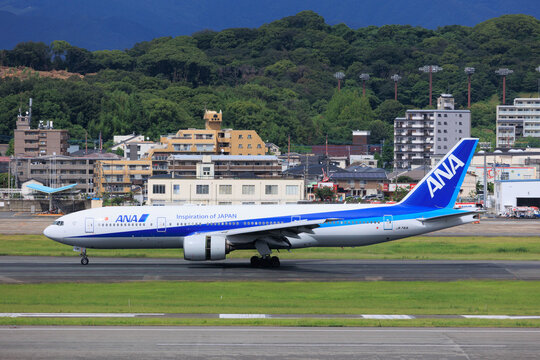 An All Nippon Airways (ANA) Boeing 767 taxiing at Fukuoka Airport on July 19, 2025 in Fukuoka, Japan.