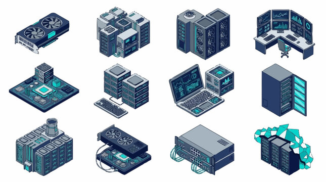 Isometric Data Center Servers and Networking Equipment.