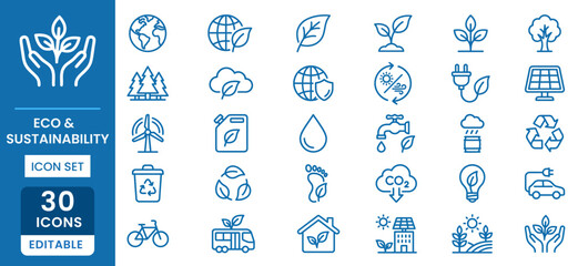 Fototapeta premium Eco Sustainability and Green Energy Line Icon Set, Editable Renewable Environment Outline Symbols Collection, Clean Energy, Recycling, Solar Power and Sustainable Living Vector Pack