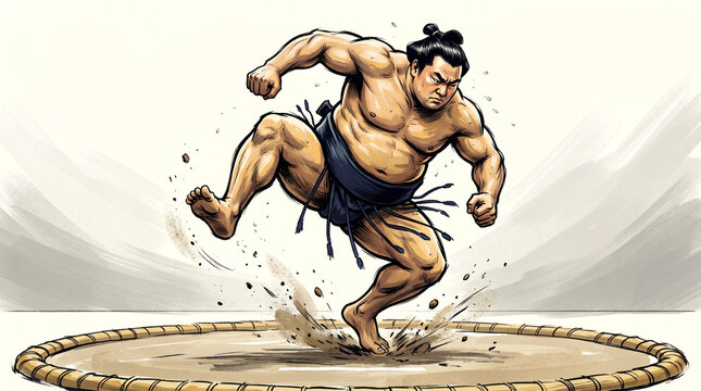 Dynamic Sumo Wrestler Performing High Jump Kick in Traditional Dohyo Arena