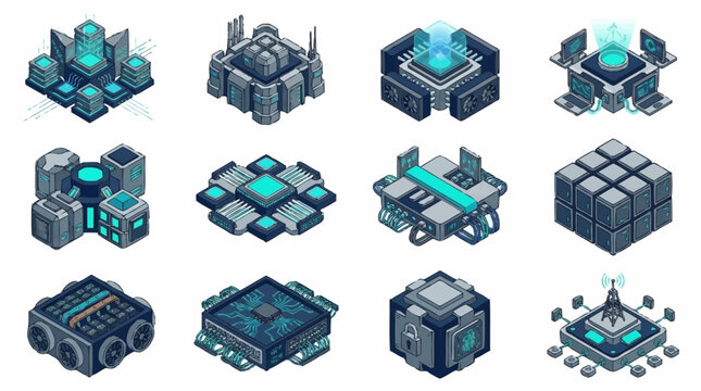 Isometric futuristic city buildings in low poly style.