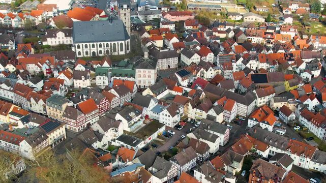 Aerial view beside the old town above the city Lich in Germany, on a sunny afternoon in autumn.