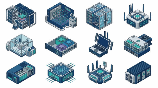 Isometric Data Center Servers and Networking Equipment.