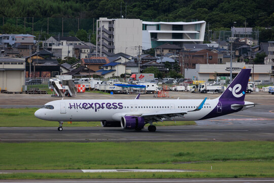 A Hong Kong Express Airbus A321 taxiing at Fukuoka Airport on July 19, 2025 in Fukuoka, Japan.
