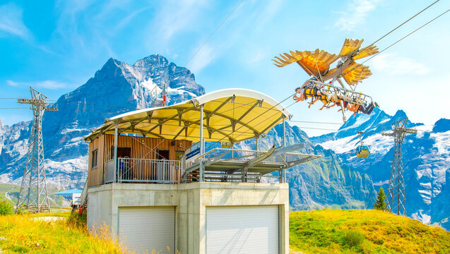 Swiss Alps and popular extreme zipline activity, Grindelwald village, Switzerland