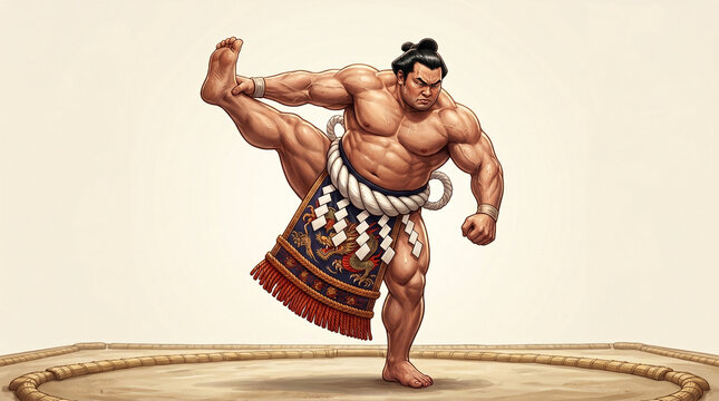 Strong Sumo Wrestler Performing Traditional Shiko Stomp Ceremony Illustration