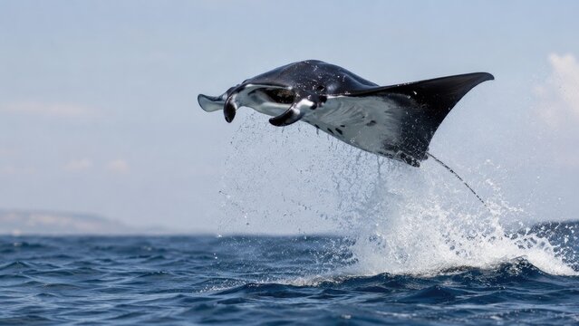 Manta ray leaping from ocean with dramatic splash and blue sky, airborne graceful marine life moment