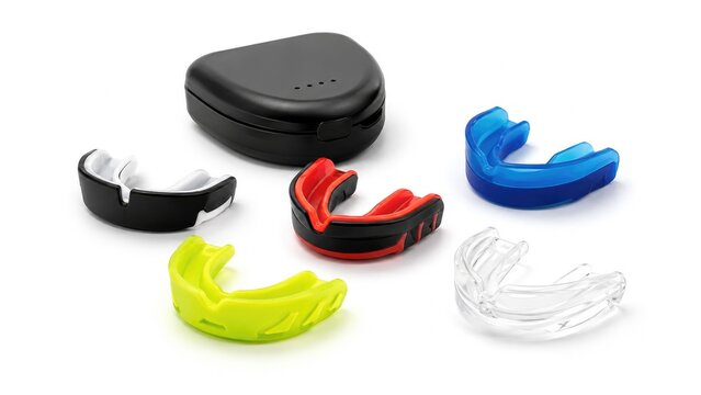 Assorted colorful sports mouthguards with a black storage case arranged on a white background