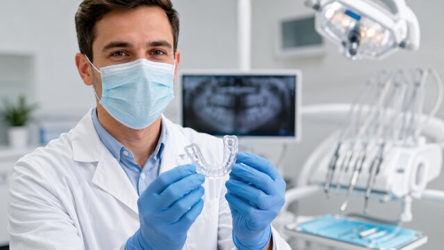 Dentist wearing mask and gloves holds a clear dental aligner in a modern dental clinic with x-ray and instruments