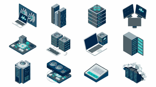 Isometric Technology Server Room Data Center Icons.