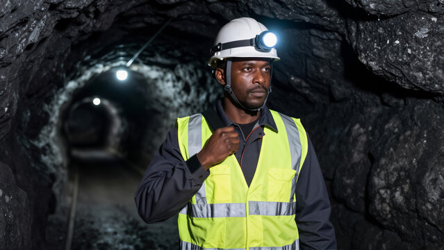 A focused African American miner stands in a dark underground mine tunnel. He wears a hard hat with a bright headlamp and high-visibility safety vest, embodying safety and dedication in t