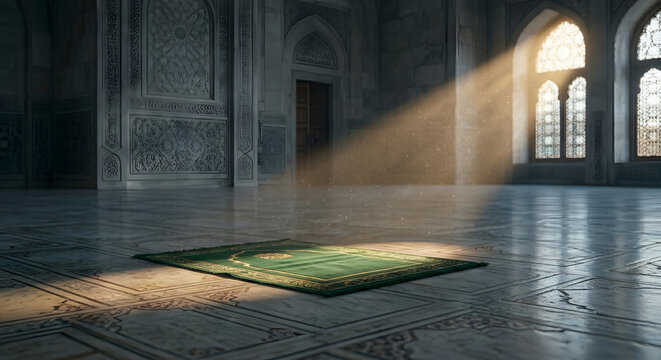 Green prayer rug illuminated by sunlight in a marble floored mosque interior religious setting islam