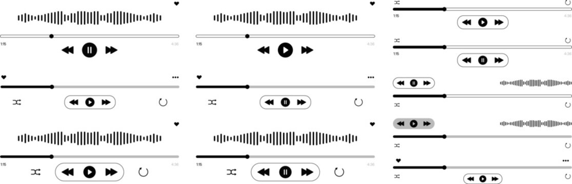 Modern Audio Player Icon Set with Play Buttons, Music Control Symbols, Multimedia Interface Elements and Editable Vector UI Components for App and Web Design