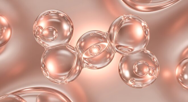 Luxury Rose Gold Transparent Spheres Abstract Background with Glossy Glass Bubbles 3D Render