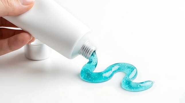 Hand squeezing blue toothpaste from white tube onto surface