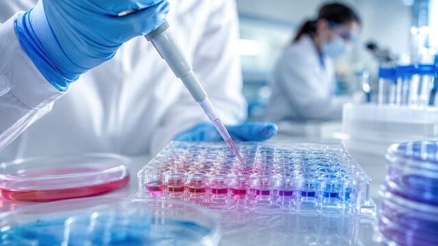 Gloved scientist pipetting colored liquids into a 96-well microplate on a laboratory bench in a clinical research setting