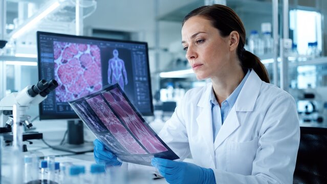 Female scientist in lab coat and gloves examining histology scans and slides in a modern biomedical laboratory