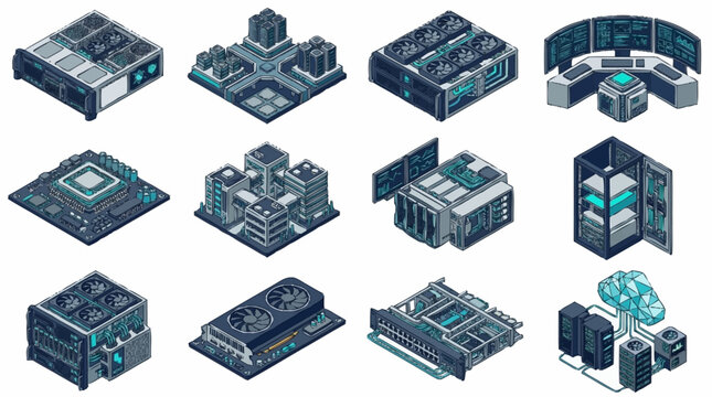 Isometric Data Center Server Racks and Network Infrastructure.