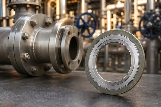 Industrial Plant Context with Spiral Wound Gasket and Blurred Piping Background
