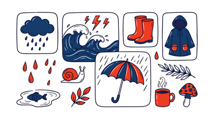 Weather doodle vector set, hand-drawn rainy season elements, storm clouds, ocean waves, rain boots, umbrella, and raincoat illustrations, perfect for autumn designs and climate concepts. © Abida