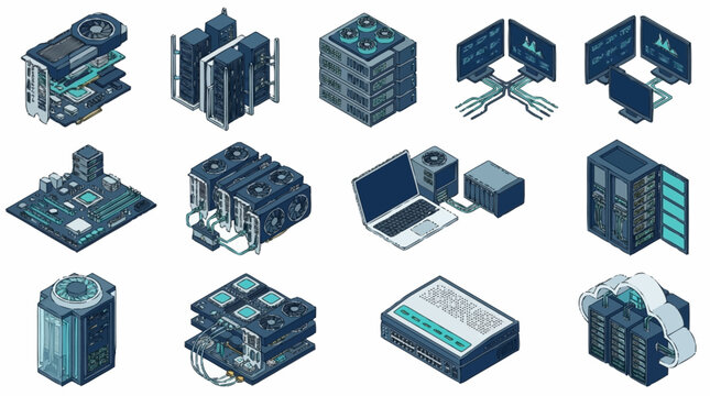 Isometric illustration of modern data center servers and hardware.