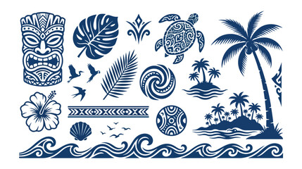 Tropical island vector collection, Hawaiian tiki mask, palm trees, sea turtle, hibiscus flower, and ocean waves. Polynesian tribal art, summer vacation, and exotic travel design elements. © Abida