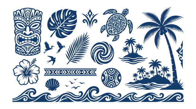 Tropical island vector collection, Hawaiian tiki mask, palm trees, sea turtle, hibiscus flower, and ocean waves. Polynesian tribal art, summer vacation, and exotic travel design elements.