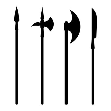Silhouettes of historical polearm weapons: spear halberd battle axe